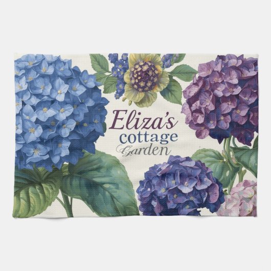 Custom Family Name Watercolor Hydrangea Theedoek (Horizontaal)