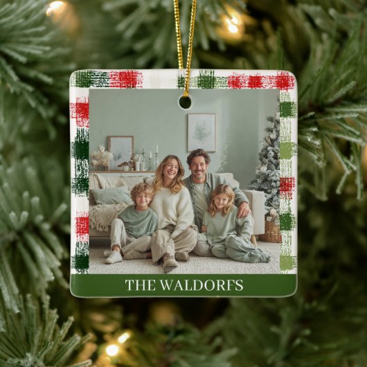 Custom Family Photo Red and Green Plaid Ornament (Boom)