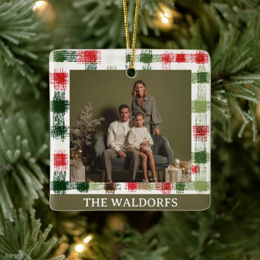 Custom Family Photo Red and Green Plaid Ornament (Boom)