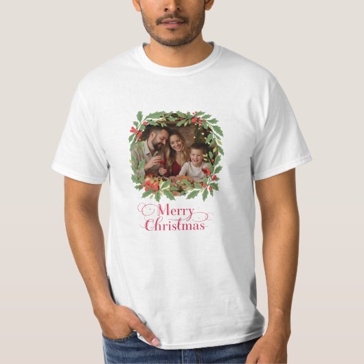 Custom Family Photo Wreath Merry Christmas T-shirt (Voorkant)