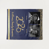 Custom Family Reunion Banner, 2 Foto Blauw Goud Wandkleed (Voorkant (horizontaal))
