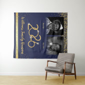 Custom Family Reunion Banner, 2 Foto Blauw Goud Wandkleed (In Situ (horizontaal))