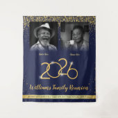 Custom Family Reunion Banner, 2 Foto Blauw Goud Wandkleed (Voorkant)