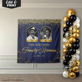 Custom Family Reunion Banner, 2 Foto Blauw Goud Wandkleed