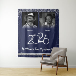 Custom Family Reunion Banner, 2 Foto Blauw Zilver Wandkleed