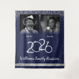 Custom Family Reunion Banner, 2 Foto Blauw Zilver Wandkleed