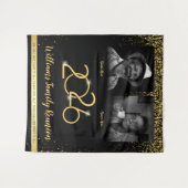 Custom Family Reunion Banner, 2 Foto Zwart Goud Wandkleed (Voorkant (horizontaal))
