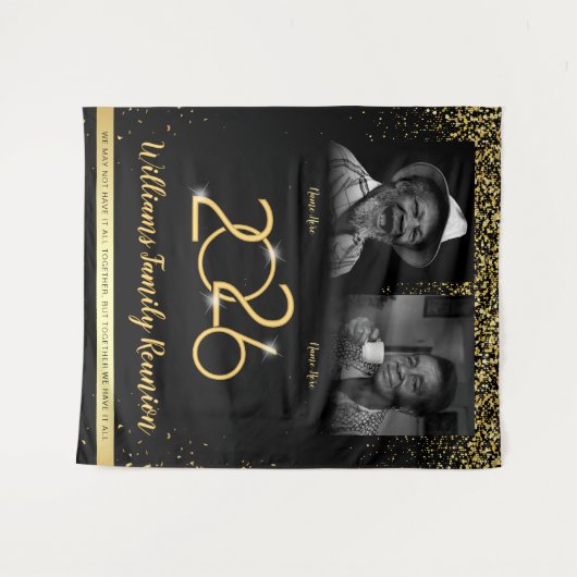 Custom Family Reunion Banner, 2 Foto Zwart Goud Wandkleed (Voorkant (horizontaal))