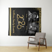 Custom Family Reunion Banner, 2 Foto Zwart Goud Wandkleed (In Situ (horizontaal))