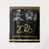 Custom Family Reunion Banner, 2 Foto Zwart Goud Wandkleed (Voorkant)