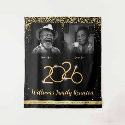Custom Family Reunion Banner, 2 Foto Zwart Goud Wandkleed (Voorkant)