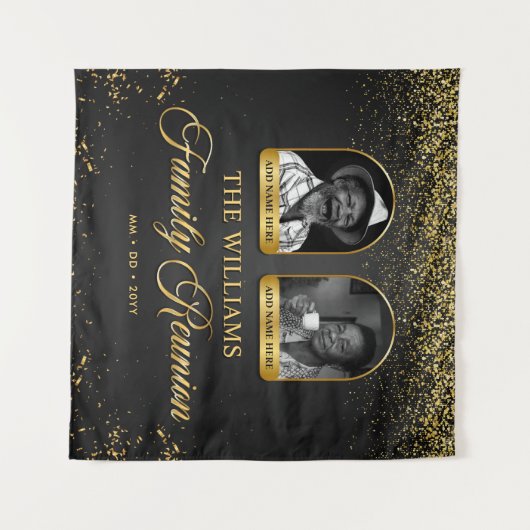 Custom Family Reunion Banner, 2 Photo Black Gold Wandkleed (Voorkant (horizontaal))
