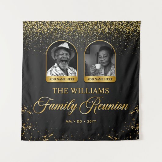 Custom Family Reunion Banner, 2 Photo Black Gold Wandkleed (Voorkant)