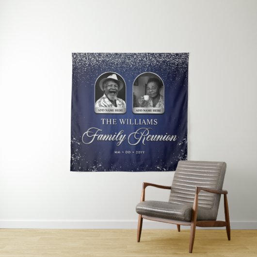 Custom Family Reunion Banner, 2 Photo Blue Silver  Wandkleed (In situ)