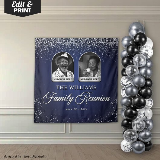 Custom Family Reunion Banner, 2 Photo Blue Silver  Wandkleed