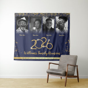 Custom Family Reunion Banner, 4 Foto Blauw Goud Wandkleed