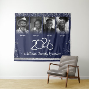 Custom Family Reunion Banner, 4 Foto Blauw Zilver Wandkleed