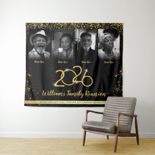 Custom Family Reunion Banner, 4 Foto Zwart Goud Wandkleed