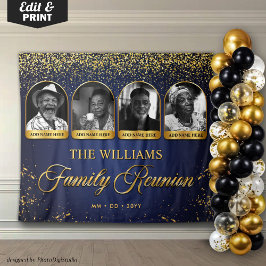 Custom Family Reunion Banner, 7 Photo Blue Gold Wandkleed