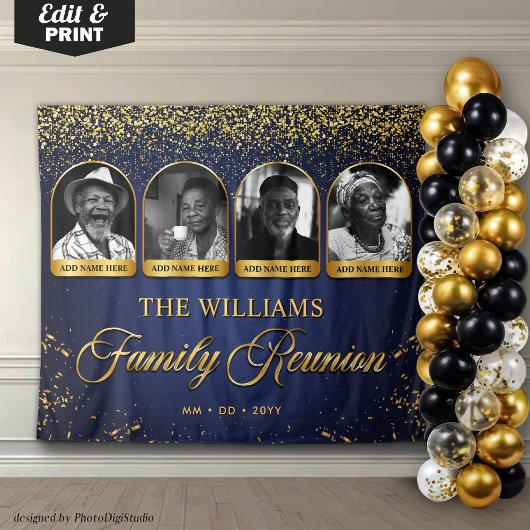 Custom Family Reunion Banner, 7 Photo Blue Gold Wandkleed