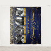 Custom Family Reunion Banner, 7 Photo Blue Gold Wandkleed (Voorkant)