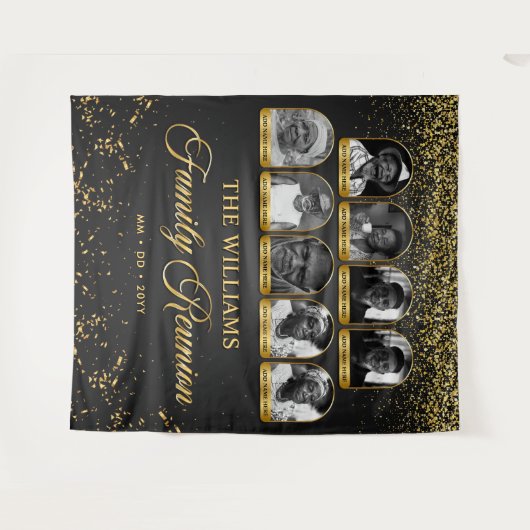 Custom Family Reunion Banner, 9 Foto Zwart Goud Wandkleed (Voorkant (horizontaal))