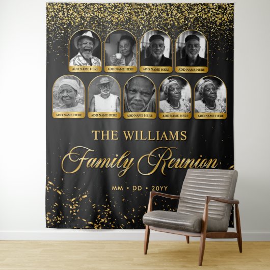 Custom Family Reunion Banner, 9 Foto Zwart Goud Wandkleed (In situ)