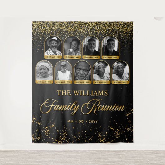 Custom Family Reunion Banner, 9 Foto Zwart Goud Wandkleed (Voorkant)