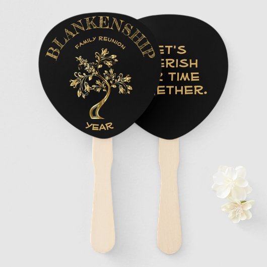 Custom Family Reunion Black Gold Tree, dubbelzijdi Handwaaier (Voorkant en achterkant)