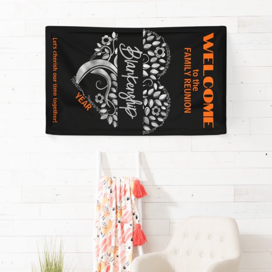 Custom Family Reunion Heart Art Tree Zwart Sinaasa Spandoek (Insitu)