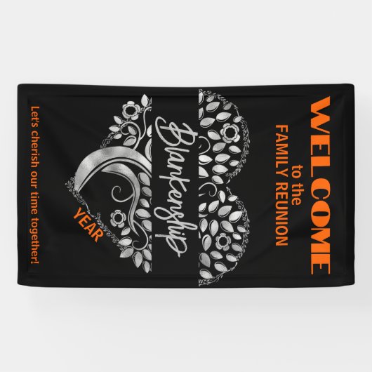 Custom Family Reunion Heart Art Tree Zwart Sinaasa Spandoek (Horizontaal)