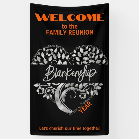 Custom Family Reunion Heart Art Tree Zwart Sinaasa Spandoek (Verticaal)