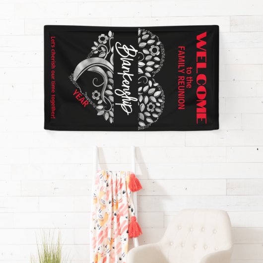 Custom Family Reunion Heart Art Tree Zwart Wit Spandoek (Insitu)