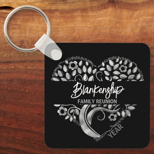 Custom Family Reunion Heart Art Tree Zwart Zilver Sleutelhanger (Voorkant)