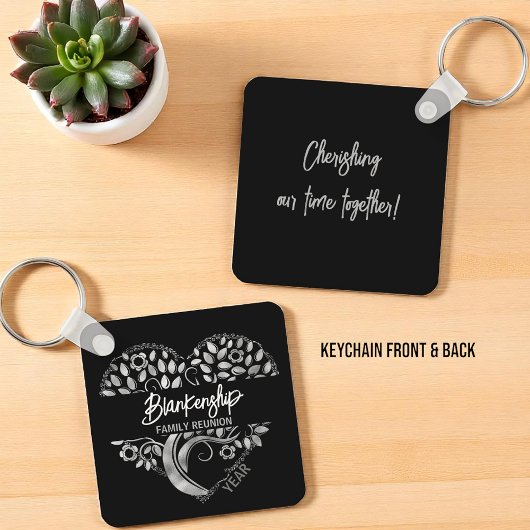Custom Family Reunion Heart Art Tree Zwart Zilver Sleutelhanger