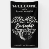 Custom Family Reunion Heart Art Tree Zwart Zilver Spandoek (Verticaal)