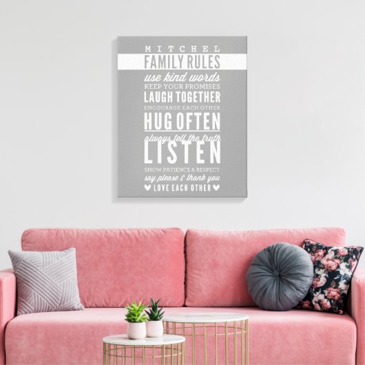 CUSTOM FAMILY RULES moderne typografie cool grijs Canvas Afdruk (Insitu (Woonkamer))