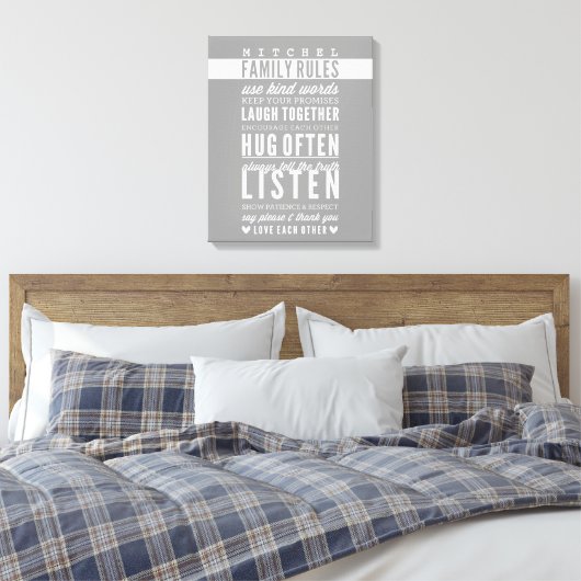 CUSTOM FAMILY RULES moderne typografie cool grijs Canvas Afdruk (Insitu (Slaapkamer))