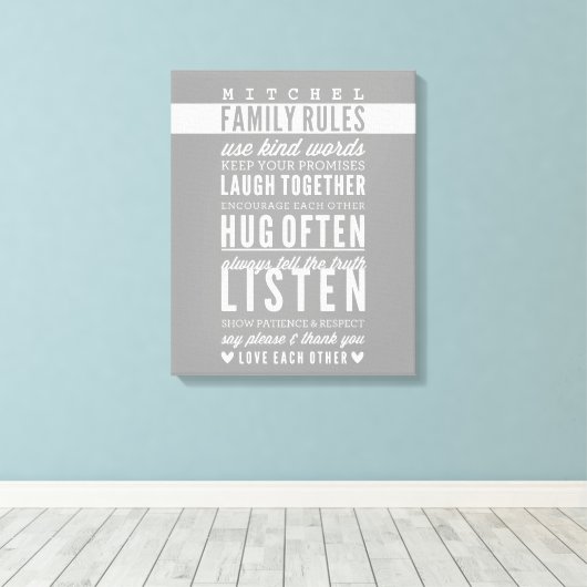 CUSTOM FAMILY RULES moderne typografie cool grijs Canvas Afdruk (Insitu (Houten vloer))