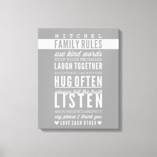 CUSTOM FAMILY RULES moderne typografie cool grijs Canvas Afdruk