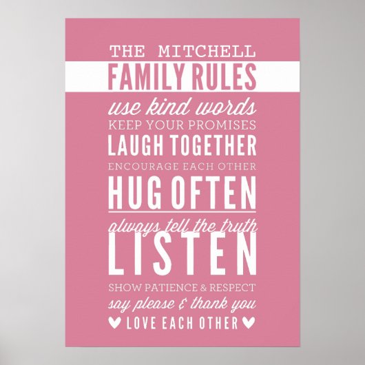 CUSTOM FAMILY RULES moderne typografie roos roze Poster (Voorkant)