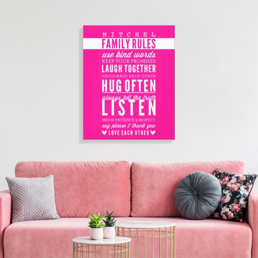 CUSTOM FAMILY RULES moderne typografie vet roze Canvas Afdruk (Insitu (Woonkamer))