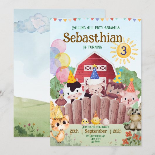 Custom Farm Animals Birthday Party Invitation Save The Date (Voorkant / Achterkant)