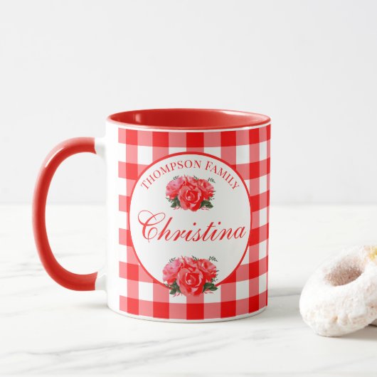 Custom Farmhouse Country Red Gingham Combo Mok (Met donut)