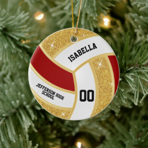 Custom Faux Gold Glitter, Wit & Rood Volleybal Keramisch Ornament