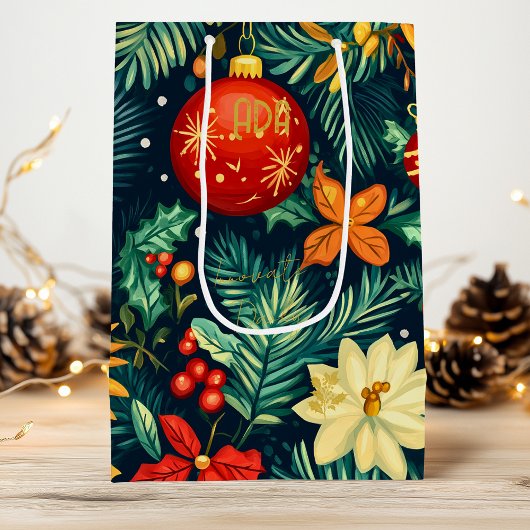 Custom Feestelijke Evergreen en Ornament Gift Bag Wijn Cadeautas