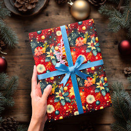 Custom Feestelijke Rode Bloemen Kerstmis Cadeaupapier