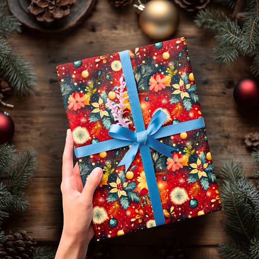 Custom Feestelijke Rode Bloemen Kerstmis Cadeaupapier