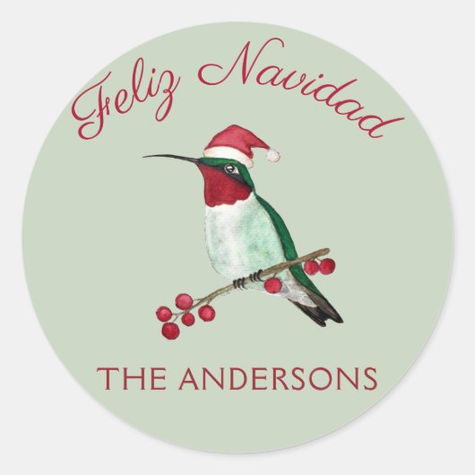 Custom Feliz Navidad Ruby-throated kolibrie Ronde Sticker (Voorkant)