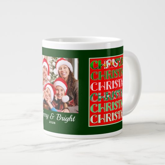 Custom Festive Red Green Christmas Photo Grote Koffiekop (Voorkant rechts)